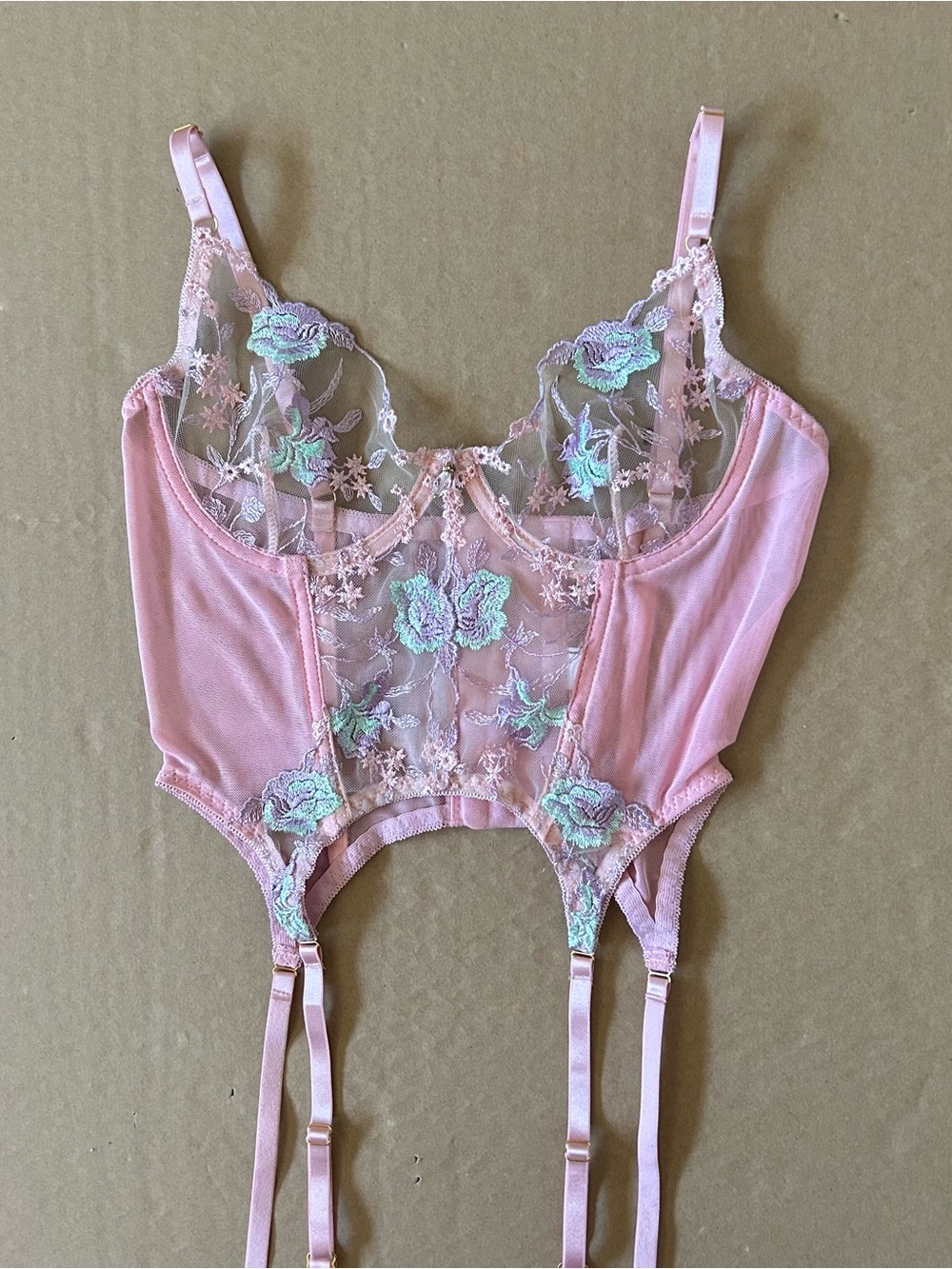 Sheer Pink Garter Bustier Size Small  Embroidered Floral Sexy Lingerie Fairycore